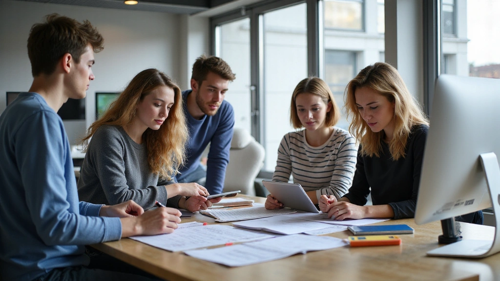 Ilustrace kreativního týmu pracujícího na projektu, s poznámkovými bloky, tablety a počítači