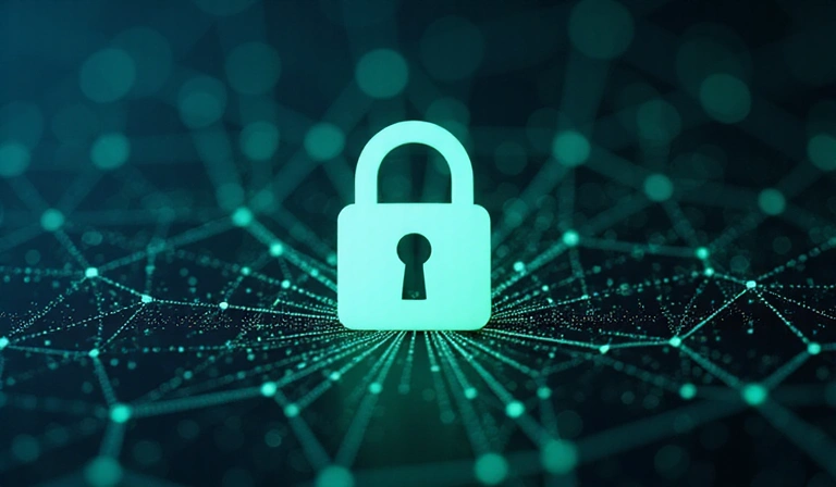 Ilustrace digitální bezpečnosti se silným zámkem a binárním kódem v pozadí