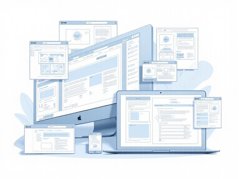Abstraktní ilustrace webdesignu a UI/UX prvků, ukazující drátěné modely, prototypy a responzivní rozložení.