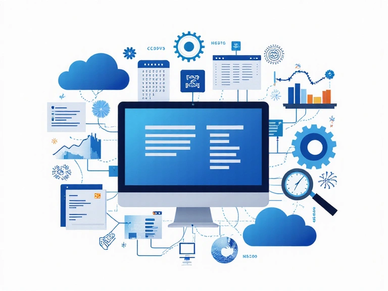 Abstraktní ilustrace vývoje webových stránek, s kódem, databázovými symboly a cloudovými ikonami.