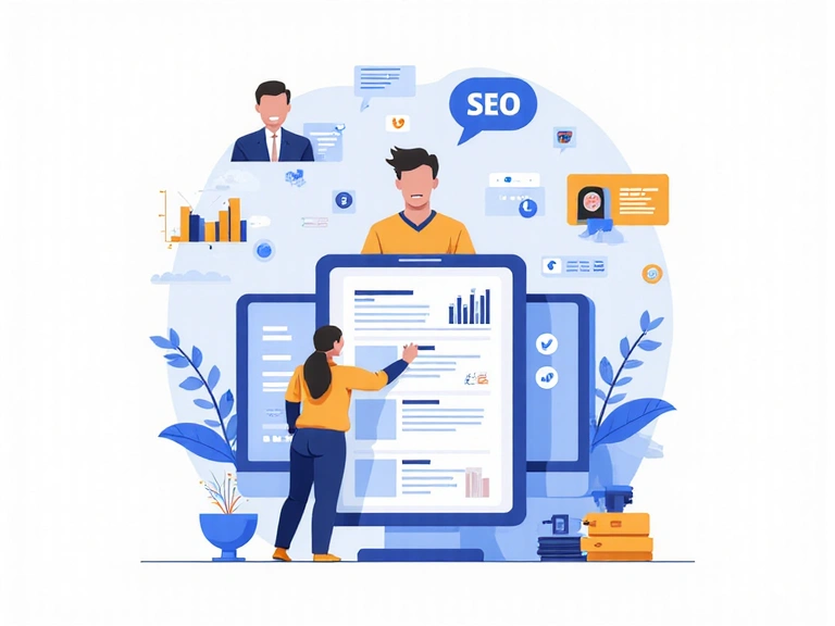 Abstraktní ilustrace digitálního marketingu, s ikonami pro SEO, PPC, sociální média a obsahový marketing.