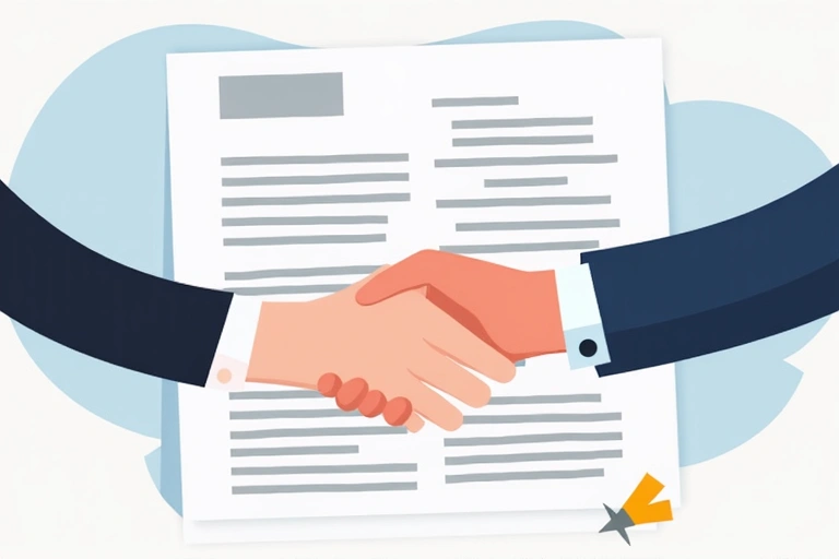Ilustrace smlouvy a podmínek služby, s lidmi, kteří si podávají ruce nad dokumenty.